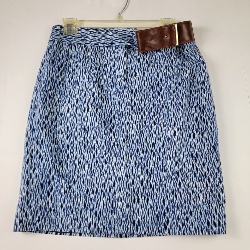 Michael Kors pencil skirt 6 blue white print faux leather belt lined knee length